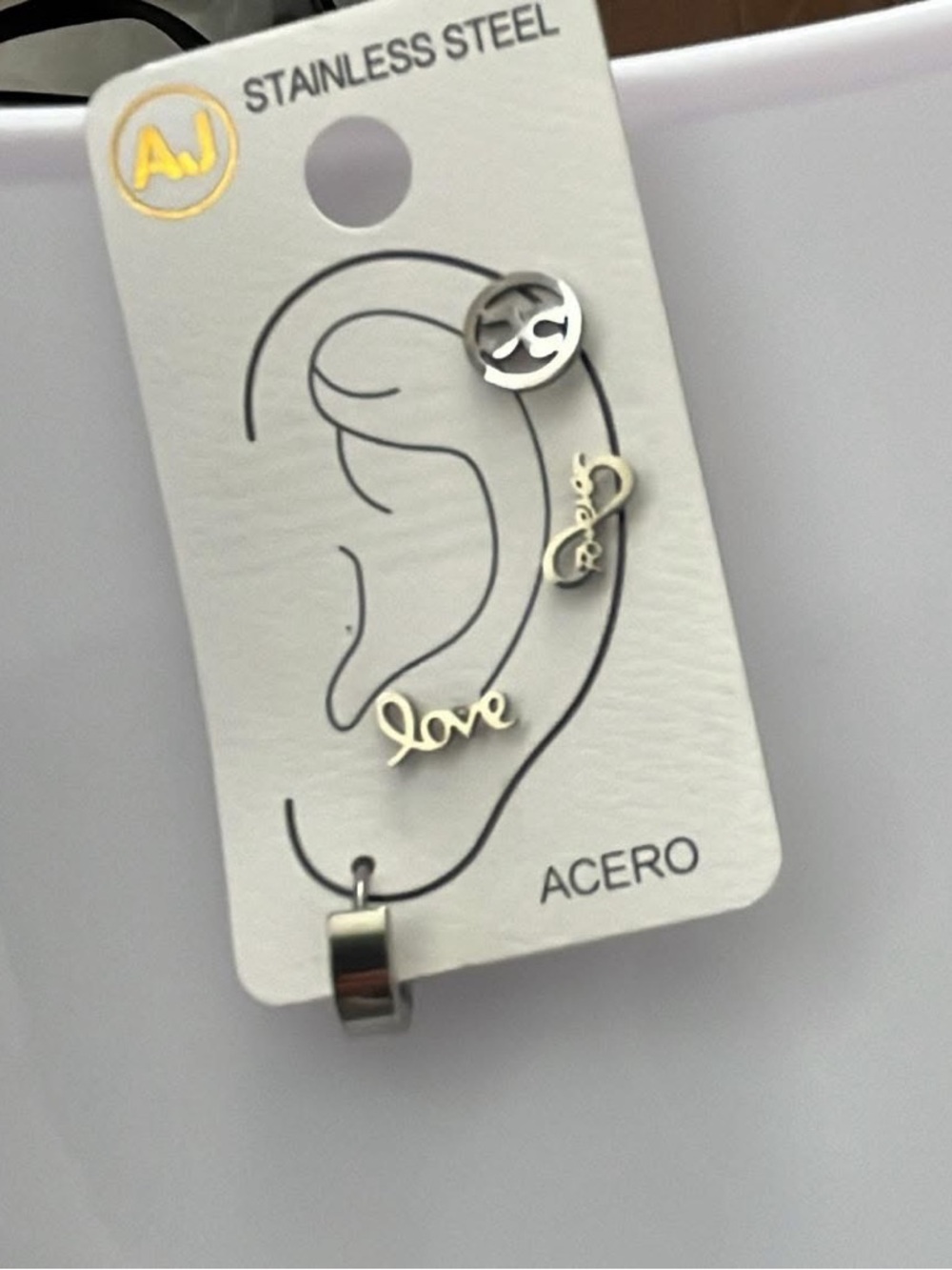Stainless Steel Ear Cuff & Stud Set - Silver "Love" Accents